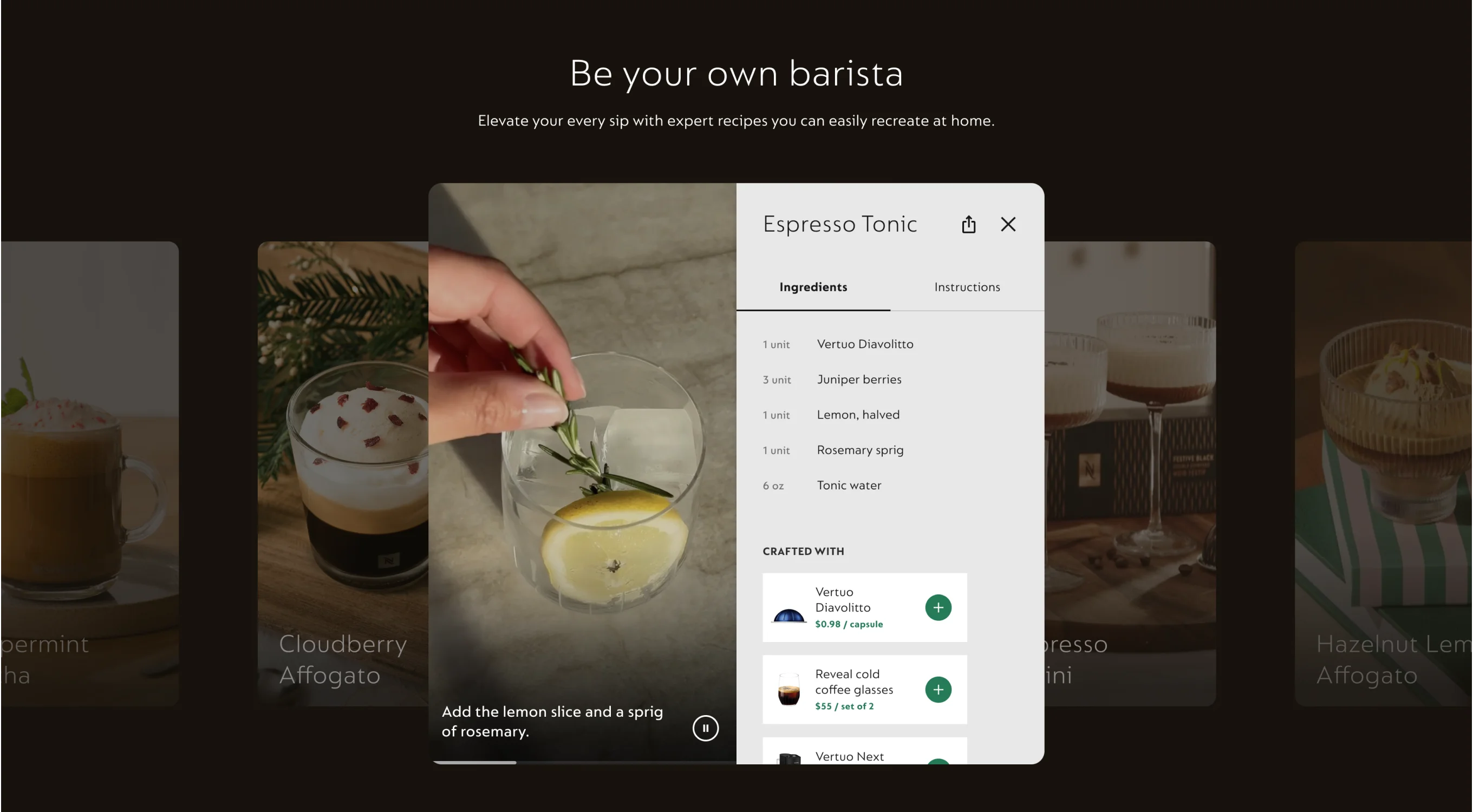Nespresso recipe component